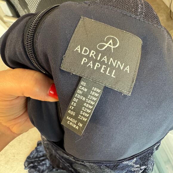 Adrianna Papell Navy Blue Sequin Lace Gown Short Sleeve Stretch Size 18W - Picture 3 of 12